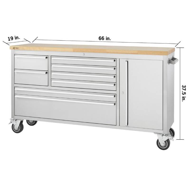 Trinity TLS-4813 (66x19) Stainless Steel Rolling Workbench Viewed from the Front Right with White Background and Overview of Dimensions (Width, Height, Depth).