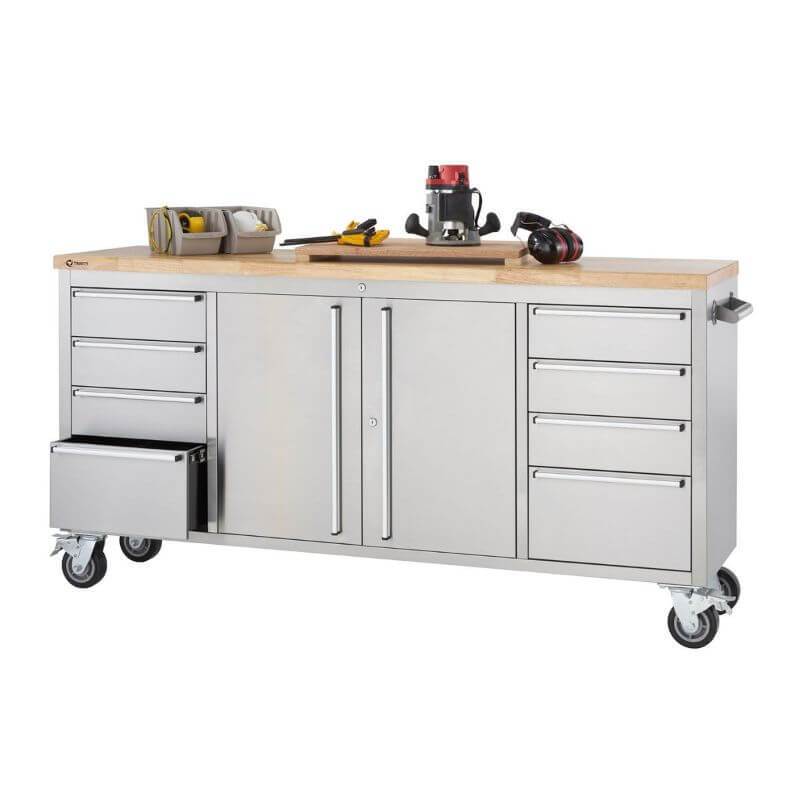 Trinity TLS-7204 (72x19) Stainless Steel Rolling Workbench with White Background. Bottom left drawer oepned and worktop is being used for renovation tools.