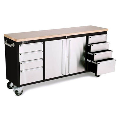 Trinity TLS-7205 (72x19) Black & Stainless Steel Rolling Workbench with right drawers opened. White background.