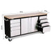 Trinity TLS-7205 (72x19) Black & Stainless Steel Rolling Workbench Shown in White Background with Overview of Width, Height and Depth.