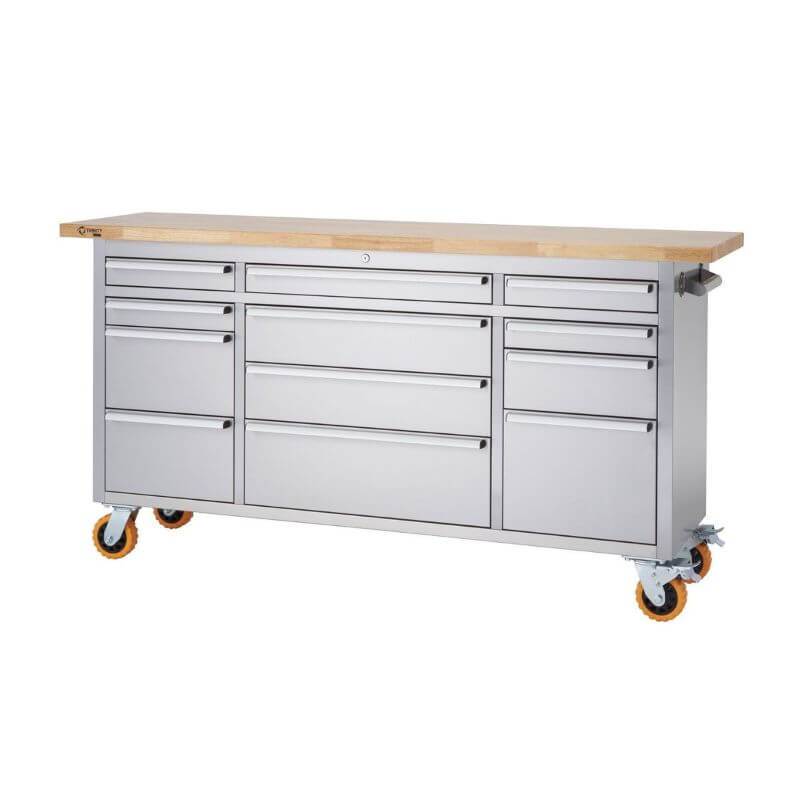 Trinity TLSF-7209 (72x19) PRO Stainless Steel Rolling Workbench With an Empty Worktop and Drawers Closed. Viewed from Front Right and White Background.