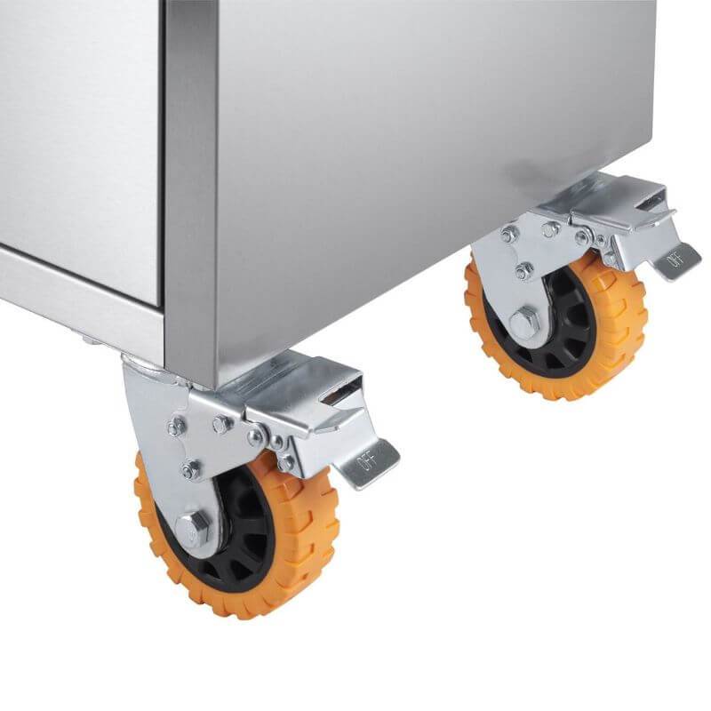 Trinity TLSF-7209 (72x19) PRO Stainless Steel Rolling Workbench Close-Up of Casters with Brakes.