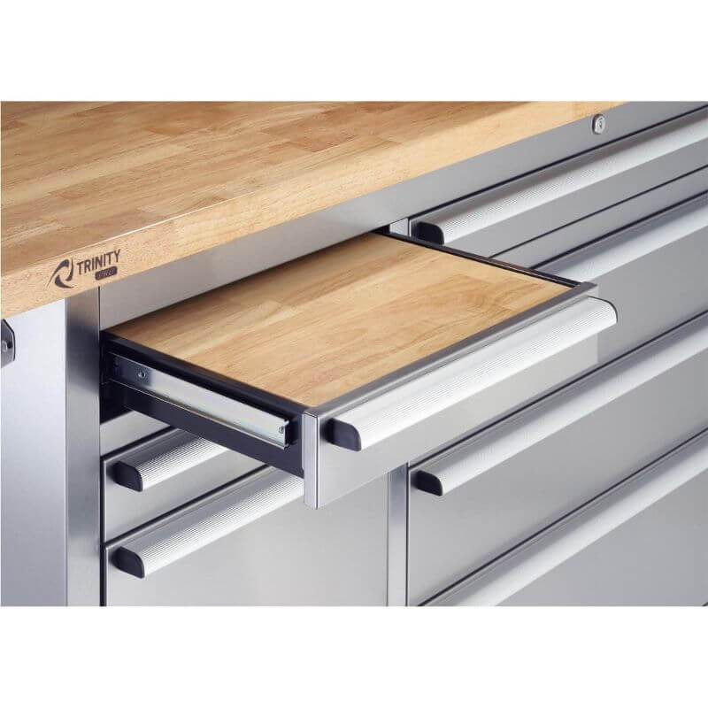 Trinity TLSF-7209 (72x19) PRO Stainless Steel Rolling Workbench Close-Up of Drawer Wood Top.