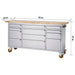 Trinity TLSF-7209 (72x19) PRO Stainless Steel Rolling Workbench With an Empty Worktop and Drawers Closed. Viewed from Front Right and White Background with Overview of Width, Height and Depth.