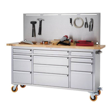 Trinity TLSF-7210 (72x19) PRO Stainless Steel Rolling Workbench w/ Pegboard. Has building/Construction Tools on the Worktop and Pegboard. White Background.