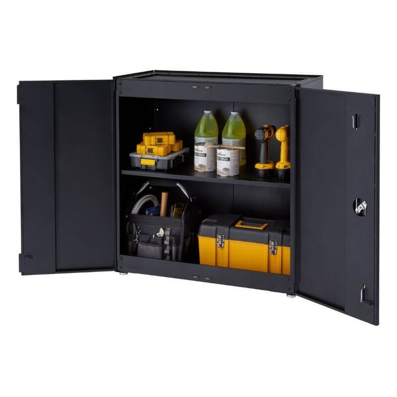 Trinity TLSPBK-0605 (36 in.) Garage Modular Cabinet in Black with Drawers Opened Showing Tool Boxes and Tools.