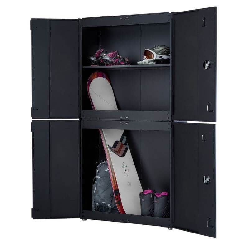 Trinity TLSPBK-0605 (36 in.) Garage Modular Cabinet in Black with Center Partition Removed to Allow for Storage of Tall Items.