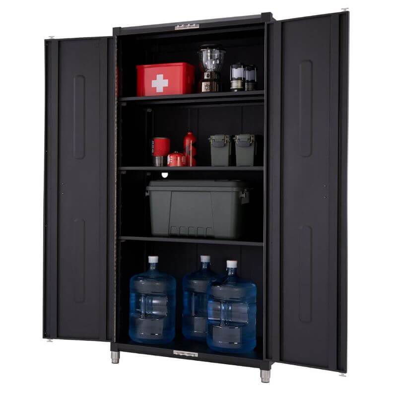 Trinity TSNPBK-0615 (4-Piece) PRO Garage Cabinet Set in Black Close Up of the Tall Cabinet with Cabinet Doors Opened.