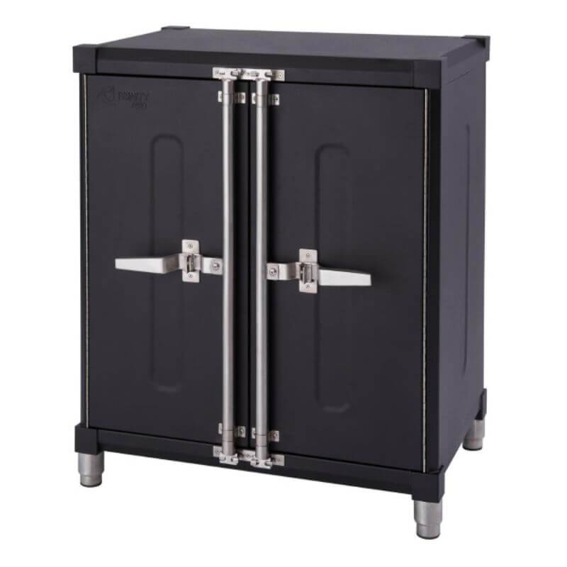 Trinity TSNPBK-0615 (4-Piece) PRO Garage Cabinet Set in Black Close Up of the Base Cabinet with Drawers Closed.
