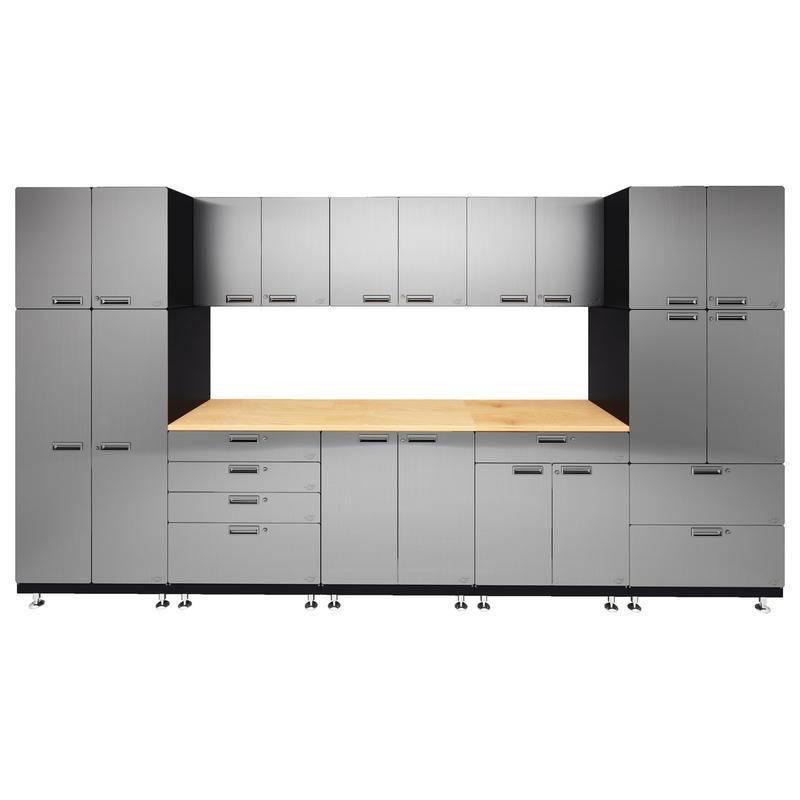 Hercke HC-Kit 1-S72 (24”D x 150”W x 84”H) Double Work Center Garage Cabinet System in stainless steel finish shown in front view.
