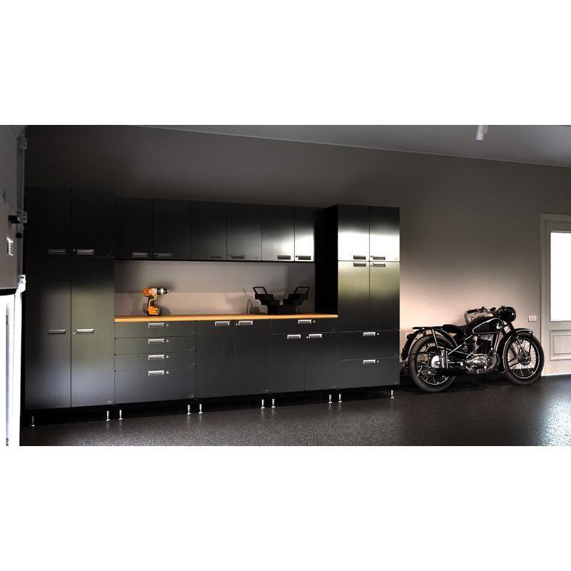 Hercke HC-Kit 1-S72 (24”D x 150”W x 84”H) Double Work Center Garage Cabinet System in stainless steel finish shown in front view in a garage.