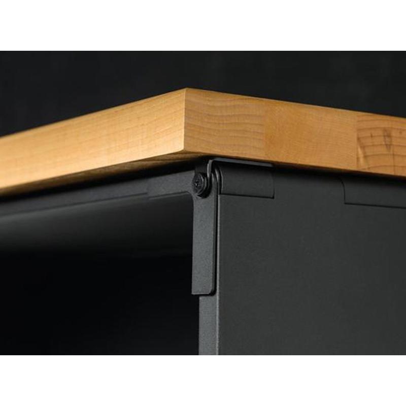 Hercke HC-Kit 1-S73 (24”D x 150”W x 84”H) Double Work Center Garage Cabinet System in powder coat finish closeup of 1.25" Maple wood worktops.
