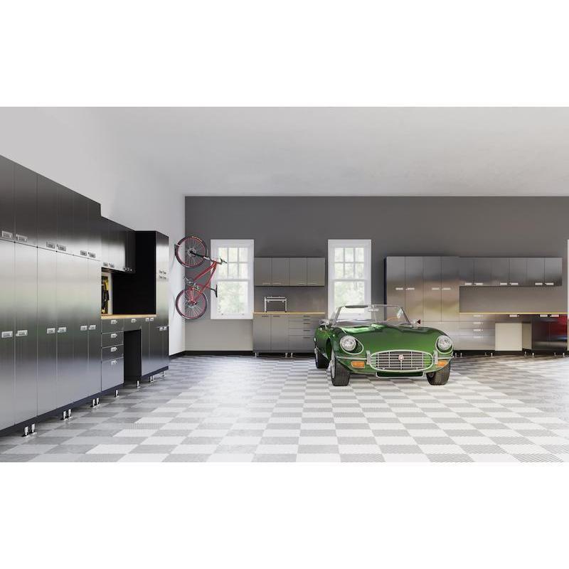 Hercke stainless steel garage cabinet line shown in a 3-d rendered garage.