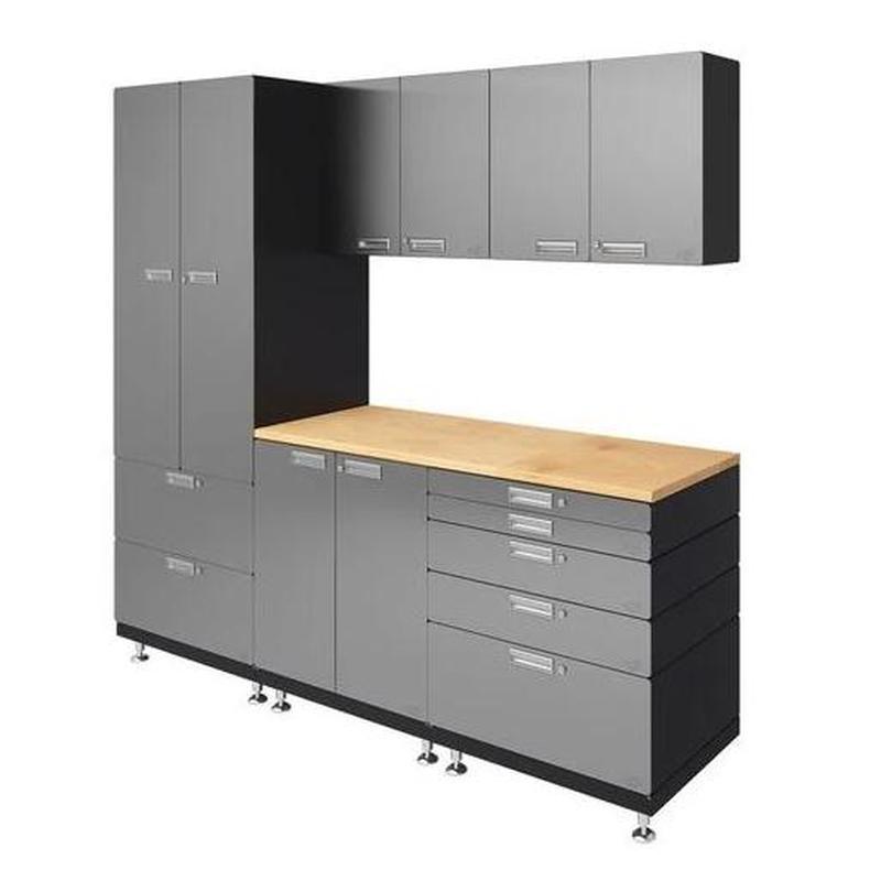 Hercke HC-Kit 3-S72 (24”D x 90”W x 84”H) Work Center Garage Cabinet System in stainless steel finish shown in side view.