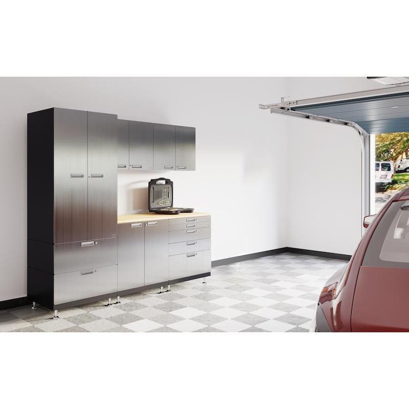Hercke HC-Kit 3-S72 (24”D x 90”W x 84”H) Work Center Garage Cabinet System in stainless steel finish shown in side view in a garage.