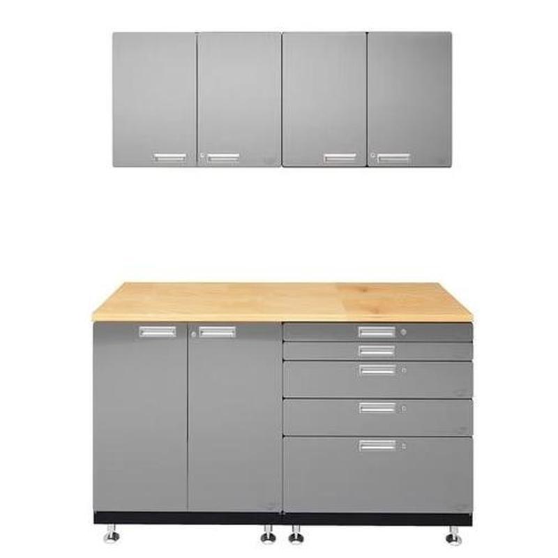 Hercke HC-Kit 4-S72 (24”D x 60”W x 84”H) Basic Work Center Garage Cabinet System in stainless steel finish shown in front view.