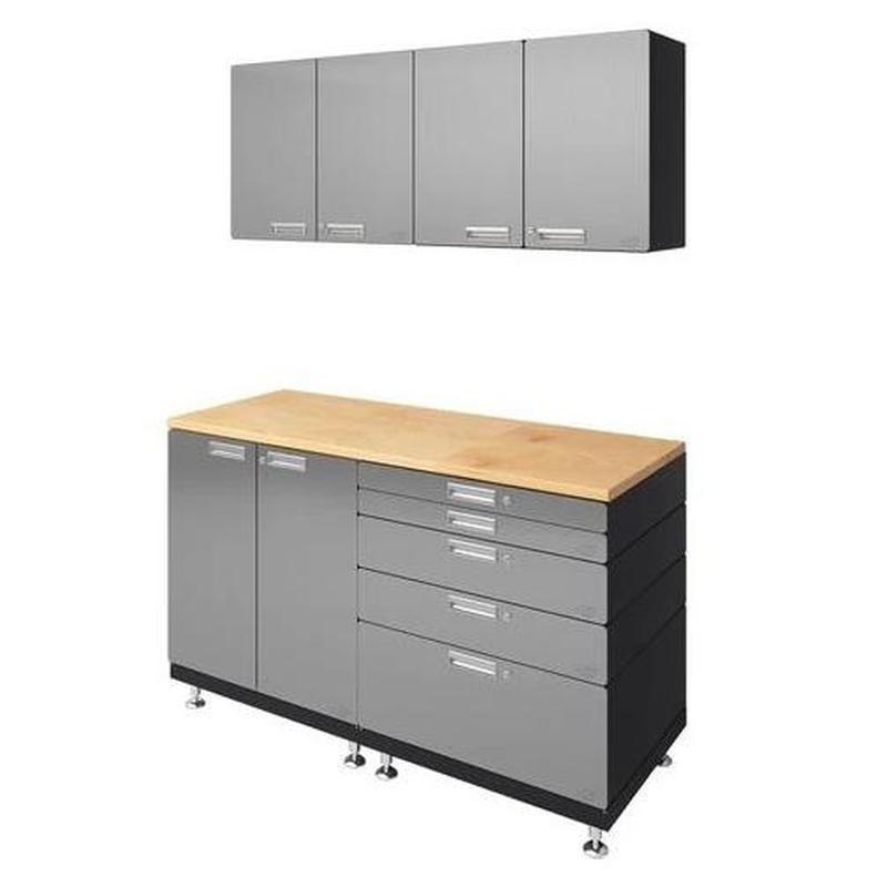 Hercke HC-Kit 4-S72 (24”D x 60”W x 84”H) Basic Work Center Garage Cabinet System in stainless steel finish shown in side view.