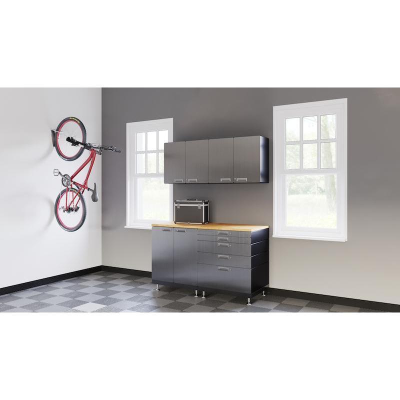 Hercke HC-Kit 4-S72 (24”D x 60”W x 84”H) Basic Work Center Garage Cabinet System in stainless steel finish shown in side view in a garage.
