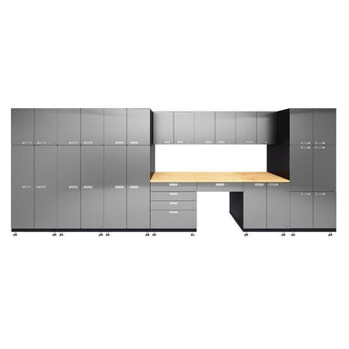 Hercke HC-Kit 6-S72 (24”D x 210”W x 84”H) Double Storage Desk Garage Cabinet System in stainless steel finish shown in front view.