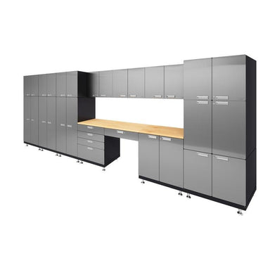Hercke HC-Kit 6-S72 (24”D x 210”W x 84”H) Double Storage Desk Garage Cabinet System in stainless steel finish shown in side view.