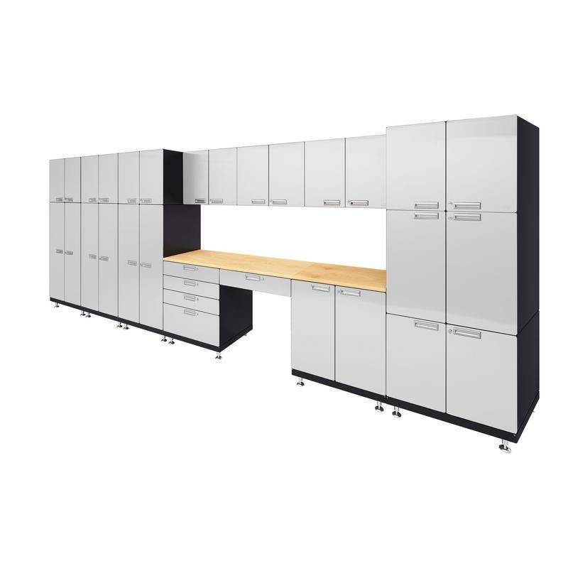 Hercke HC-Kit 6-S73 (24”D x 210”W x 84”H) Double Storage Desk Garage Cabinet System in powder coat finish shown in side view.