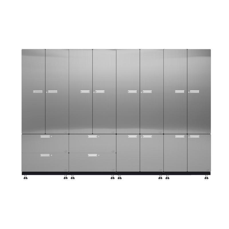 Hercke HC-Kit 7-S72 (24”D x 120”W x 84”H) Locker Wall Garage Cabinet System in stainless steel finish shown in front view.