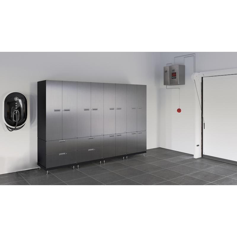 Hercke HC-Kit 7-S72 (24”D x 120”W x 84”H) Locker Wall Garage Cabinet System in stainless steel finish shown in side view in a garage.