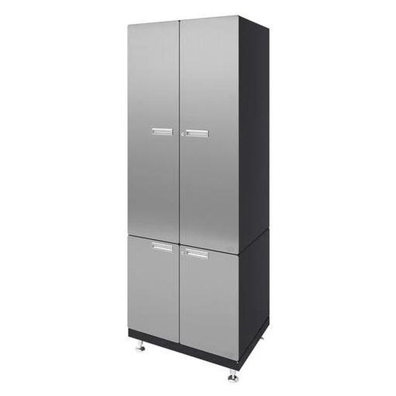 Hercke HC-Kit 8-S72 (24”D x 30”W x 84”H) Storage Tower Garage Cabinet System in stainless steel finish shown in side view.
