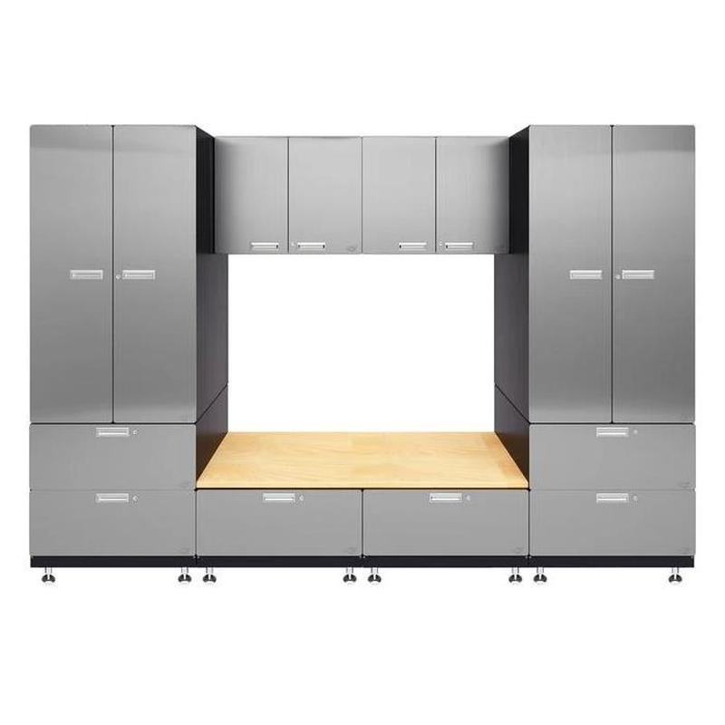 Hercke HC-Kit 9-S72 (24”D x 120”W x 84”H) Storage Bench Garage Cabinet System in stainless steel finish shown in front view.
