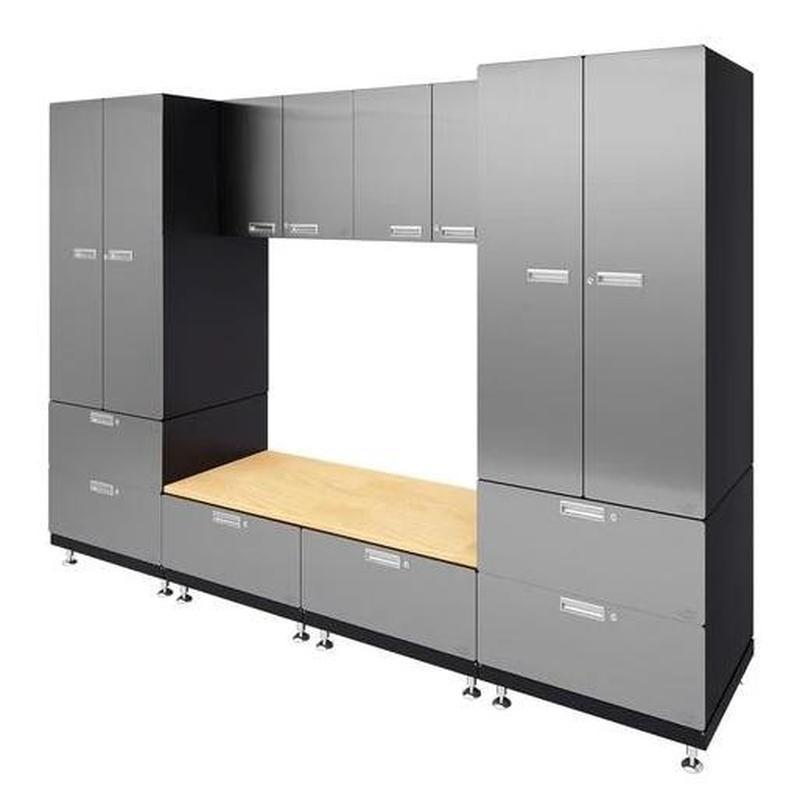 Hercke HC-Kit 9-S72 (24”D x 120”W x 84”H) Storage Bench Garage Cabinet System in stainless steel finish shown in side view.