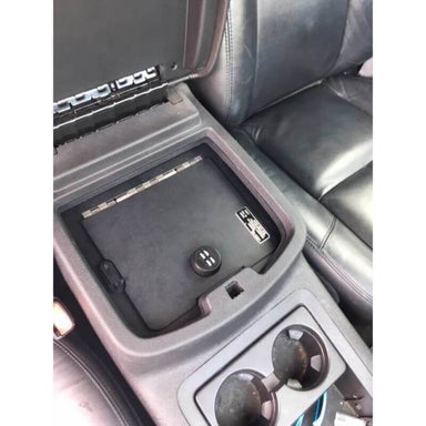 Locker Down LD2011XEX vehicle console safe for Chevrolet 2007-2014 and GMC 2007-2014 viewed from the top, inside the center console.