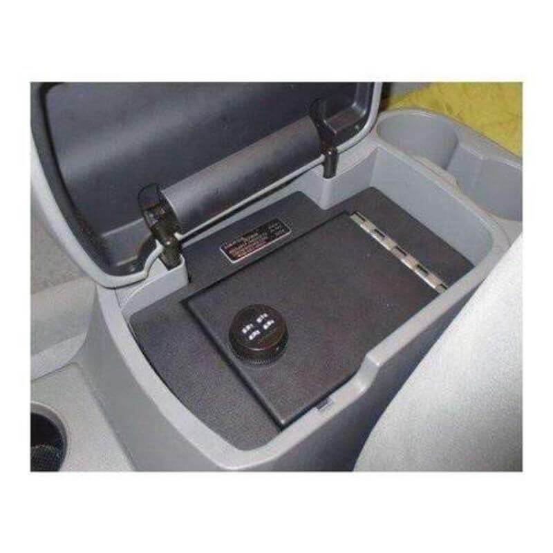 Locker Down LD2012EX vehicle console safe for Toyota Tacoma 2005-2015 viewed form top inside center console with covered open.