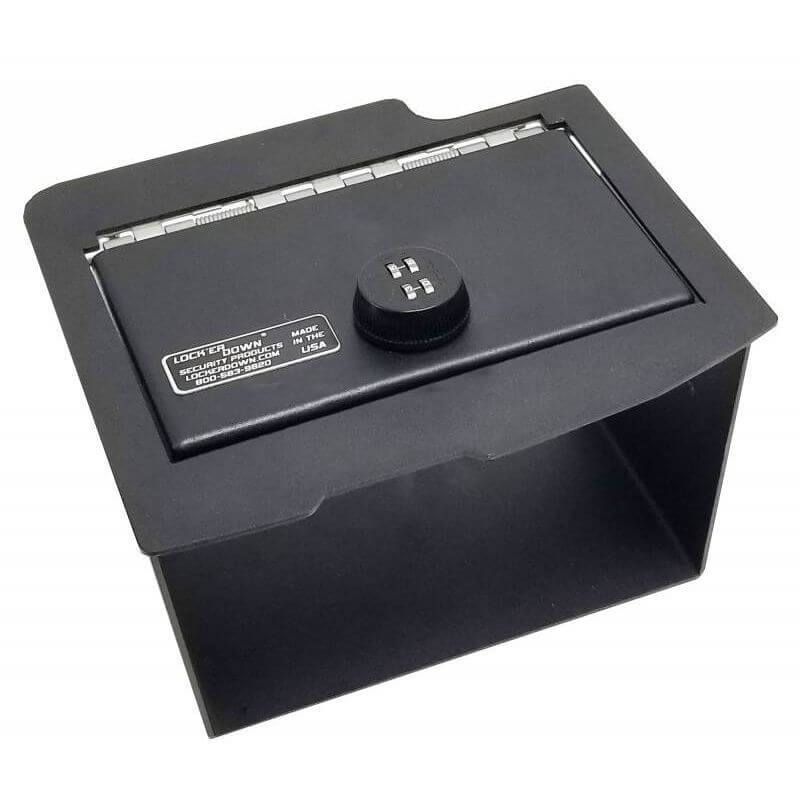 Locker Down LD2028EX vehicle console safe for Dodge Ram 2009-2018 viewed from the top with the handle.