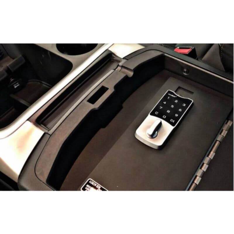 Locker Down LD2028EX vehicle console safe for Dodge Ram 2009-2018 viewed from the top inside the center console.