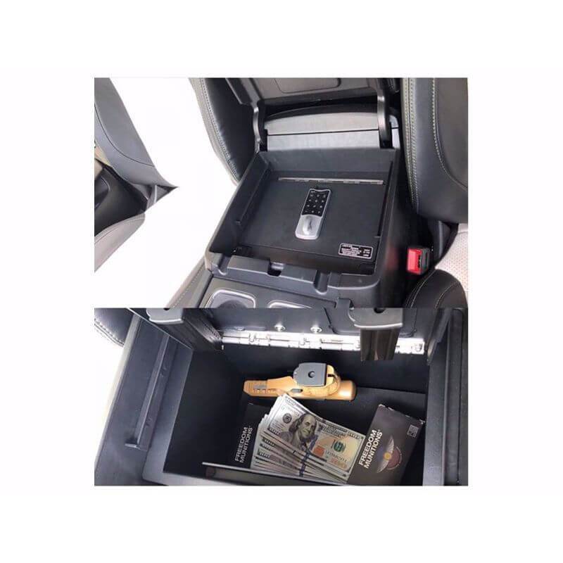 Locker Down LD2040EX vehicle console safe for Chevrolet Silverado and GMC Sierra 2014-2019 viewed from the top cover inside center console safe eqipped by new i-lock.