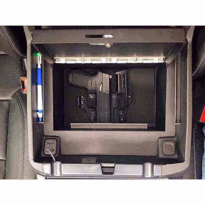 Locker Down LD2040EX vehicle console safe for Chevrolet Silverado and GMC Sierra 2014-2019 viewed from the top open lid.