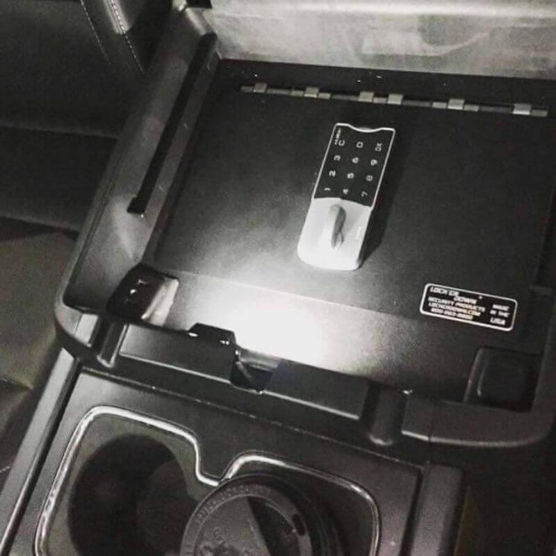 Locker Down LD2040EX vehicle console safe for Chevrolet Silverado and GMC Sierra 2014-2019 viewed from the top cover equipped by the new i-lock.