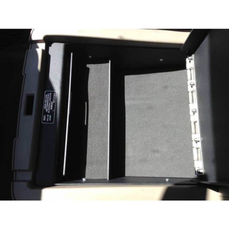 Locker Down LD2041 vehicle console safe for Chevrolet Silverado and GMC Sierra 2014-2018 viewed from the top open lid.