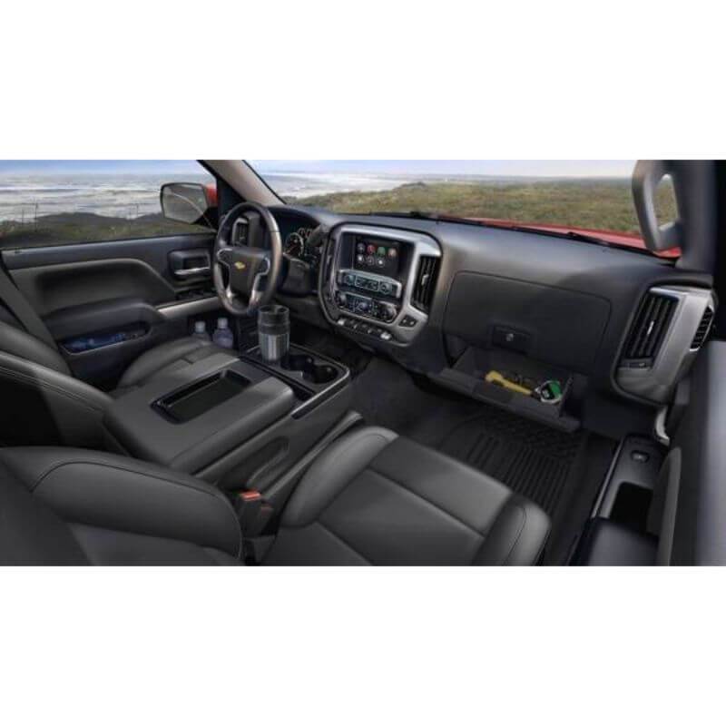 Locker Down LD2041 vehicle console safe for Chevrolet Silverado and GMC Sierra 2014-2018 viewed inside the car with center console safe.