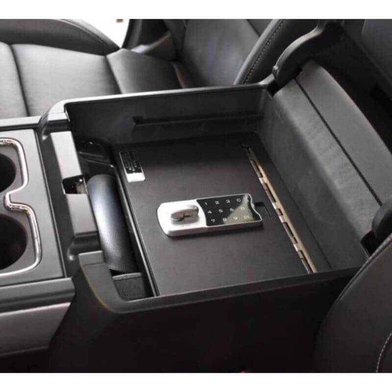 Locker Down LD2042 vehicle console safe for Chevrolet Silverado and GMC Sierra 2014-2020 viewed from the top cover equipped with the new i-lock.