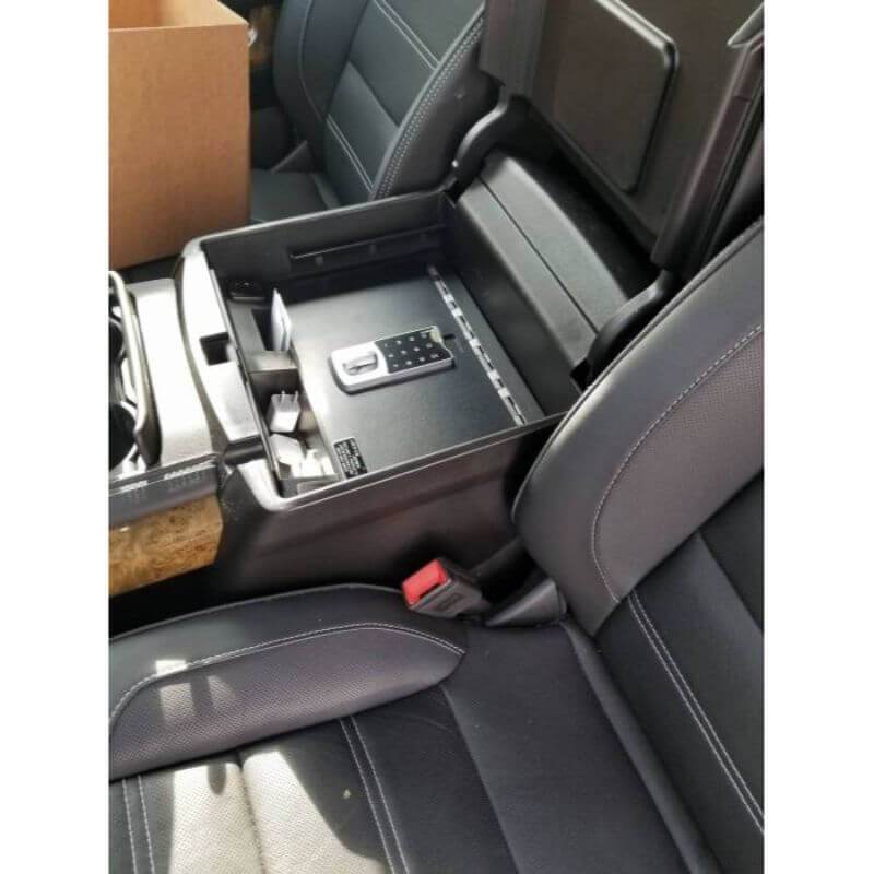Locker Down LD2042EX vehicle console safe for Chevrolet Silverado and GMC Sierra 2014-2020 viewed from the top cover inside the center console safe.