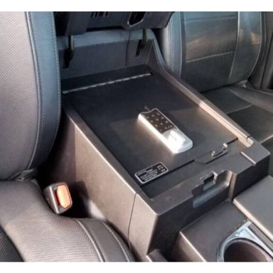 Locker Down LD2043EX vehicle console safe for Toyota Tundra 2014-2019 viewed from the top cover inside center console safe.