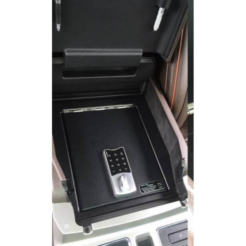 Locker Down LD2045 vehicle console safe for Ford F-150, F-250, F-350, F450 and Raptor 2015-2020  viewed from the top cover of console safe with the locked on it.