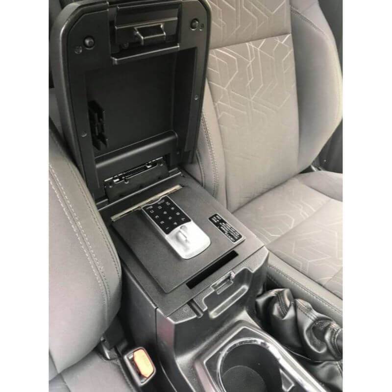 Locker Down LD2047EX vehicle console safe for Toyota Tacoma 2016-2020 viewed from the top inside console safe of the car.