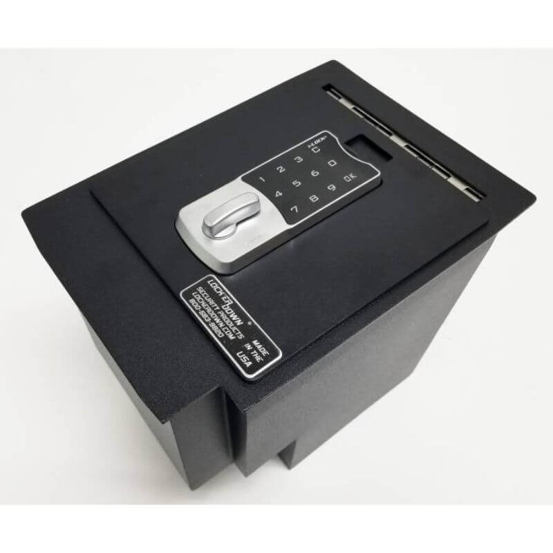 Locker Down LD2048EX vehicle console safe for Toyota 4Runner 2010-2019 viewed from the top cover with lock on it.