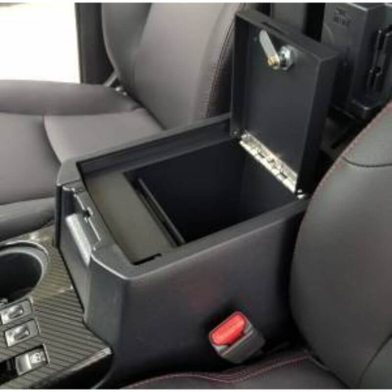 Locker Down LD2048EX vehicle console safe for Toyota 4Runner 2010-2019 viewed from top open lid while inside the center console safe of the car.