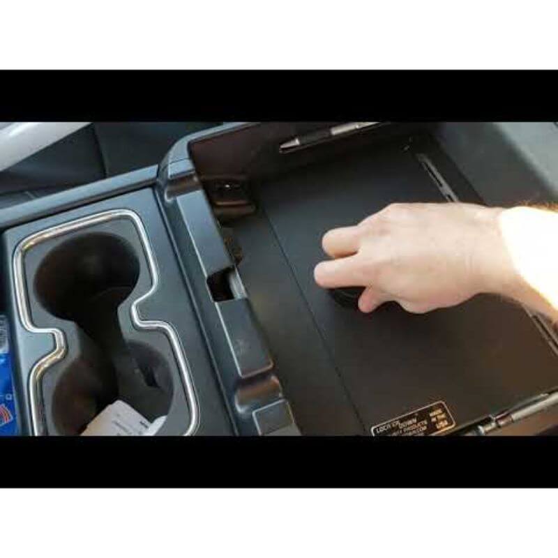 Locker Down LD2049EX vehicle console safe for Toyota Tundra 2007-2020 viewed from the top of center console safe.