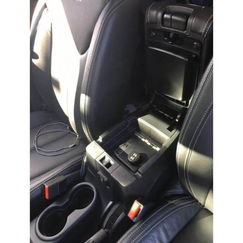 Locker Down LD2052 vehicle console safe for Chevrolet	Colorado and GMC Canyon 2010-2015 viewed inside the car on top of center console safe on the side view.