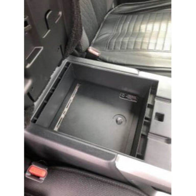 Locker Down LD2053EX vehicle console safe for Nissan Titan 2016-2020 viewed inside the car on top of center console safe.