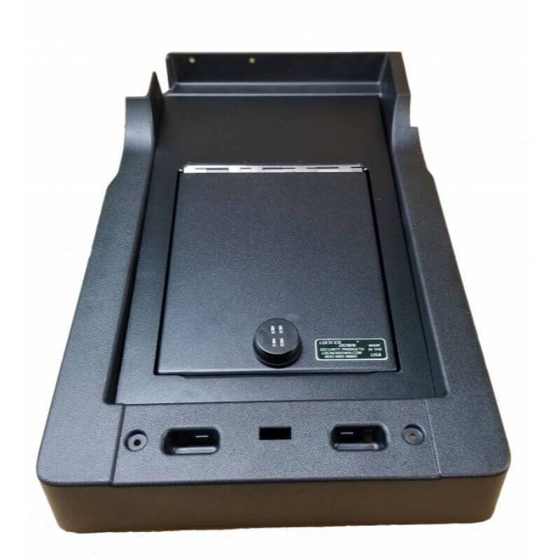 Locker Down LD2055EX vehicle console safe for Ford F-150, F-250, F-350, F450 2017-2020 viewed from the top cover vertically.
